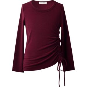 imagePerfashion Girls FlutterLong Sleeve Cotton TShirts Side Drawstring Tunic Blouse Round Neck Casual Tops for 413YearsBurgundy