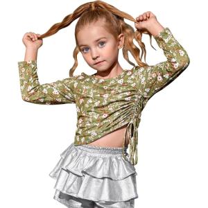 imagePerfashion Girls FlutterLong Sleeve Cotton TShirts Side Drawstring Tunic Blouse Round Neck Casual Tops for 413YearsFloral M47