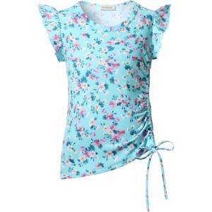 imagePerfashion Girls FlutterLong Sleeve Cotton TShirts Side Drawstring Tunic Blouse Round Neck Casual Tops for 413YearsFlower E36