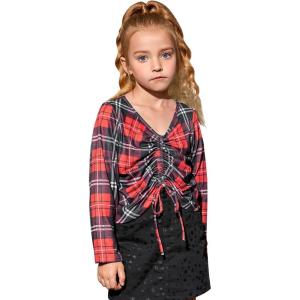 imagePerfashion Girls FlutterLong Sleeve Cotton TShirts Side Drawstring Tunic Blouse Round Neck Casual Tops for 413YearsRed Plaid583