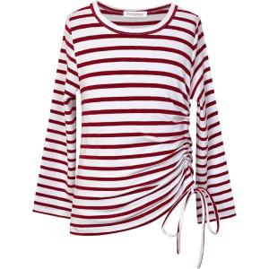 imagePerfashion Girls FlutterLong Sleeve Cotton TShirts Side Drawstring Tunic Blouse Round Neck Casual Tops for 413YearsStripes Burgundy29