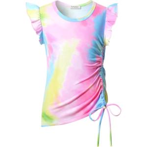 imagePerfashion Girls FlutterLong Sleeve Cotton TShirts Side Drawstring Tunic Blouse Round Neck Casual Tops for 413YearsTie Dye E39