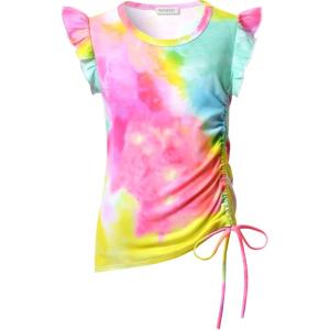 imagePerfashion Girls FlutterLong Sleeve Cotton TShirts Side Drawstring Tunic Blouse Round Neck Casual Tops for 413YearsTie Dye E40