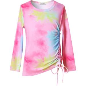 imagePerfashion Girls FlutterLong Sleeve Cotton TShirts Side Drawstring Tunic Blouse Round Neck Casual Tops for 413YearsTie Dye V68