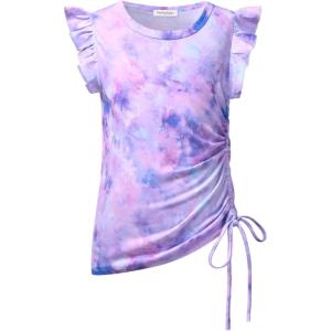 imagePerfashion Girls FlutterLong Sleeve Cotton TShirts Side Drawstring Tunic Blouse Round Neck Casual Tops for 413YearsTie Dyepurple G42