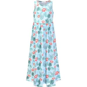 imagePerfashion Girls Maxi DressCottonCasualSleevelessLong Sleeve Crew Neck 615YGreen Floral 23a