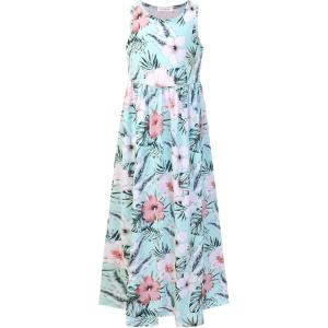 imagePerfashion Girls Maxi DressCottonCasualSleevelessLong Sleeve Crew Neck 615YGreen Tropical P87