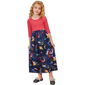 imagePerfashion Girls Maxi DressCottonCasualSleevelessLong Sleeve Crew Neck 615YRedspace Unicorn N05