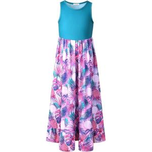 imagePerfashion Girls Maxi DressCottonCasualSleevelessLong Sleeve Crew Neck 615YTropical Plants Q43