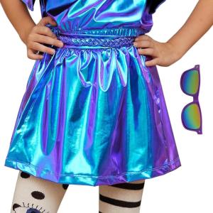 imagePerfashion Girls Metallic Wrap Skirt Sparkly Dance ALine Elastic Waist Skirt with Sunglasses 313 YearsBlue454