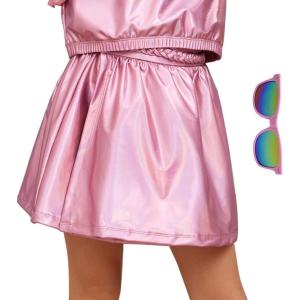 imagePerfashion Girls Metallic Wrap Skirt Sparkly Dance ALine Elastic Waist Skirt with Sunglasses 313 YearsPink454