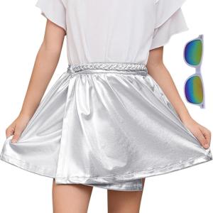 imagePerfashion Girls Metallic Wrap Skirt Sparkly Dance ALine Elastic Waist Skirt with Sunglasses 313 YearsSilver454