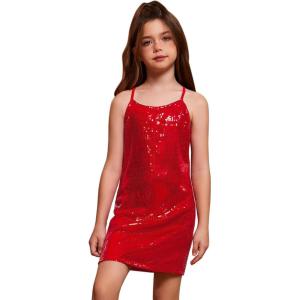 imagePerfashion Girls Sequin Dress Adjustable Spaghetti Strap Pencil Cami Midi Bodycon Dress Sparkly Party 615YRed251