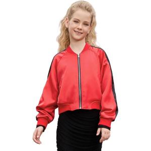 imagePerfashion Satin Bomber Jacket for Girls Zip Up Varsity Cropped Coat Sparkly Windbreaker with Pockets 413YSatin Red 53906
