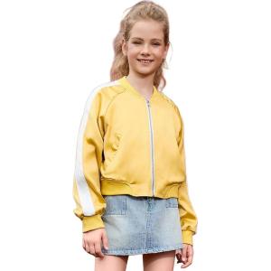 imagePerfashion Satin Bomber Jacket for Girls Zip Up Varsity Cropped Coat Sparkly Windbreaker with Pockets 413YSatin Yellow 17906