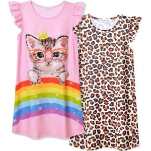 imagePerfashion 2Pack Nightgown for Girls Flutter Sleeve Mermaid Pajamas Cotton Sleepwear Dressing gownsCat  Leopard U03
