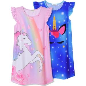imagePerfashion 2Pack Nightgown for Girls Flutter Sleeve Mermaid Pajamas Cotton Sleepwear Dressing gownsU02 Unicorn