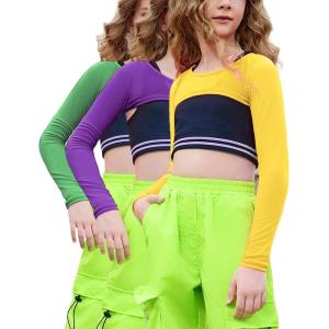 imagePerfashion Girls Mesh Crop Top 3 Pack Long Sleeve Shirts for Teen Trendy Hip Hop Dance Outfits 413YGreenyellowpurple3 Pack Long Sleeve  No Vest