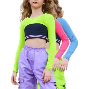 imagePerfashion Girls Mesh Crop Top 3 Pack Long Sleeve Shirts for Teen Trendy Hip Hop Dance Outfits 413YPinkgreenblue3 Pack Long Sleeve  No Vest