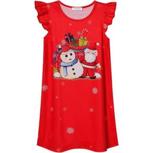 imagePerfashion Girls Nightgowns Soft Sleepwear Nightdress Flutter Sleeve KittenRabbit Pajamas 413 YearsChristmas Red