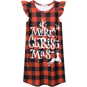 imagePerfashion Girls Nightgowns Soft Sleepwear Nightdress Flutter Sleeve KittenRabbit Pajamas 413 YearsPlaid Reindeer
