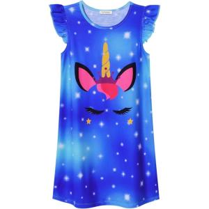 imagePerfashion Girls Nightgowns Soft Sleepwear Nightdress Flutter Sleeve KittenRabbit Pajamas 413 YearsUnicorn Mask