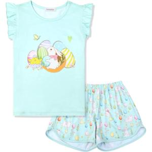 imagePerfashion Girls Pajama Sets Flutter Sleeve Ruffles Soft Pjs Size 413 Years SleepwearMint Green Rabbit M10