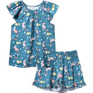 imagePerfashion Girls Pajama Sets Flutter Sleeve Ruffles Soft Pjs Size 413 Years SleepwearNavy Bluerabbit Eggs Y87