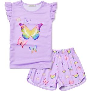 imagePerfashion Girls Pajama Sets Flutter Sleeve Ruffles Soft Pjs Size 413 Years SleepwearPurple Butterfly