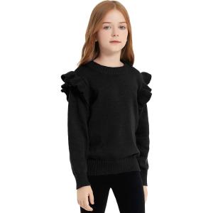 imagePerfashion Girls Pullover Sweaters Ruffle Long Sleeve Soft Slouchy Solid Knit Tops Warm 613Y