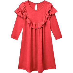 imagePerfashion Girls Ruffle Swing Dresses ShortLong Sleeve Cotton with Pit Bar Casual Dress for 413 Years