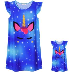 imagePerfashion UnicornMermaid Nightgowns Matching GirlsampampDolls Summer Flutter Sleeve Pajamas