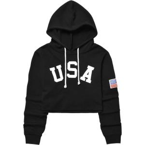 imagePerfashion Women Sweatshirt Crop Top Hoodie Long Sleeve SweatshirtsFlag Black Hoody
