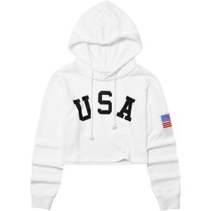 imagePerfashion Women Sweatshirt Crop Top Hoodie Long Sleeve SweatshirtsFlag White Hoody