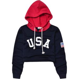 imagePerfashion Women Sweatshirt Crop Top Hoodie Long Sleeve SweatshirtsUsa Navy