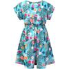 imagePerfashion Girls Summer Dresses Printed Casual Loose Sundress Smocked Waist RollSleeveGreen Tropical Q00