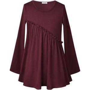 imageGirls Long Sleeve Ruffle Tops Winter Tunic Fall Tops Round Neck Blouse Solid ColorBurgundy