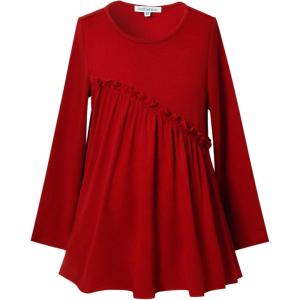 imageGirls Long Sleeve Ruffle Tops Winter Tunic Fall Tops Round Neck Blouse Solid ColorRed