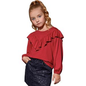 imageGirls Long Sleeve Ruffle Tops Winter Tunic Fall Tops Round Neck Blouse Solid ColorRed52
