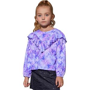 imageGirls Long Sleeve Ruffle Tops Winter Tunic Fall Tops Round Neck Blouse Solid ColorTiedye Purple M90
