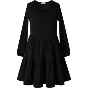 imagePerfashion Girls Long Sleeve Dresses Tiered Ruffle Swing Tunic Midi Dress 413YBlack