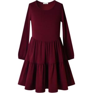 imagePerfashion Girls Long Sleeve Dresses Tiered Ruffle Swing Tunic Midi Dress 413YBurgundy