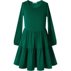 imagePerfashion Girls Long Sleeve Dresses Tiered Ruffle Swing Tunic Midi Dress 413YDark Green