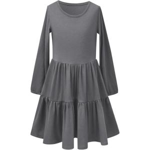 imagePerfashion Girls Long Sleeve Dresses Tiered Ruffle Swing Tunic Midi Dress 413YDark Grey 18899