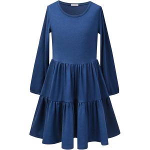 imagePerfashion Girls Long Sleeve Dresses Tiered Ruffle Swing Tunic Midi Dress 413YNavy Blue