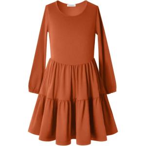imagePerfashion Girls Long Sleeve Dresses Tiered Ruffle Swing Tunic Midi Dress 413YRed Brown