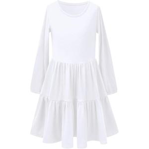 imagePerfashion Girls Long Sleeve Dresses Tiered Ruffle Swing Tunic Midi Dress 413YWhite 26899
