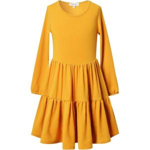imagePerfashion Girls Long Sleeve Dresses Tiered Ruffle Swing Tunic Midi Dress 413YYellow
