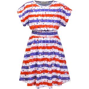 imagePerfashion Girls Summer Dresses Printed Casual Loose Sundress Smocked Waist RollSleeve4th of July Dressf17