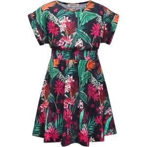 imagePerfashion Girls Summer Dresses Printed Casual Loose Sundress Smocked Waist RollSleeveBlack Hawaiian 18b